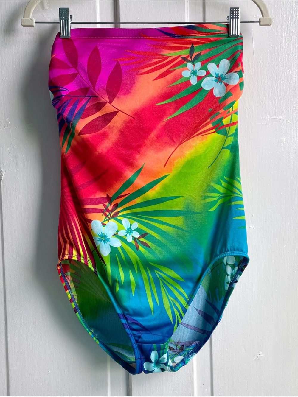 Vintage 90s Bright Colorful Tropical Sirena Strapless One Piece Swimsuit
